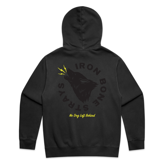 Faded black premium hoodie with a large print of a howling wolf head on the back with the tagline No Dog Left Behind